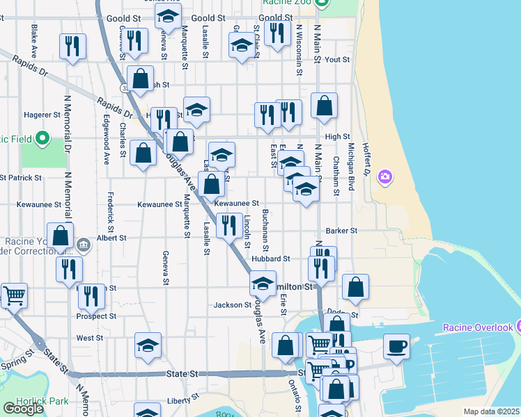 map of restaurants, bars, coffee shops, grocery stores, and more near 716 Kewaunee Street in Racine