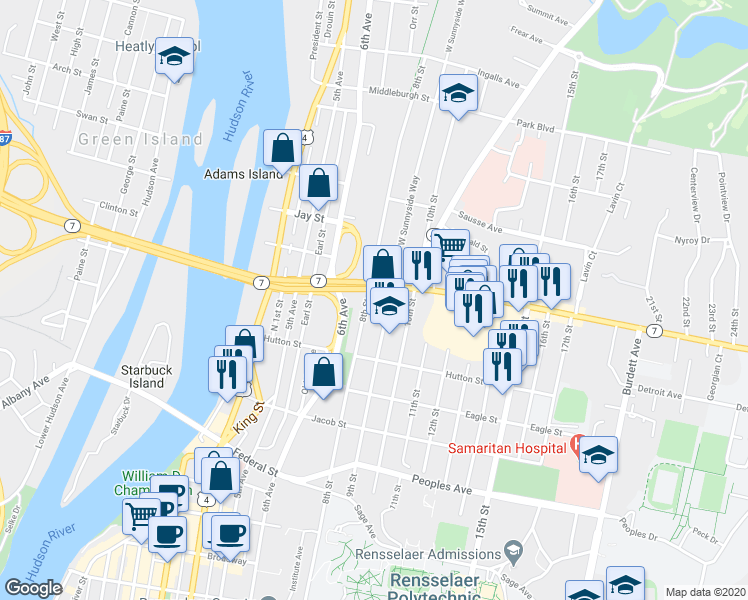 map of restaurants, bars, coffee shops, grocery stores, and more near 324 8th Street in Troy