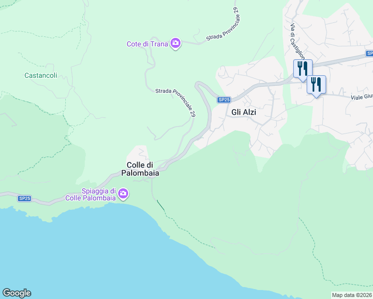 map of restaurants, bars, coffee shops, grocery stores, and more near 2421 Via della Costa in Gli Alzi