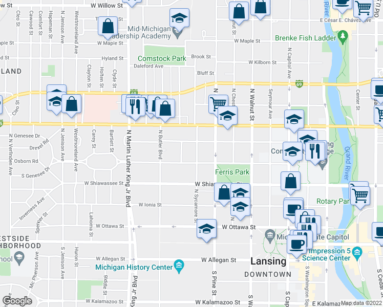 map of restaurants, bars, coffee shops, grocery stores, and more near 517 N Sycamore St in Lansing