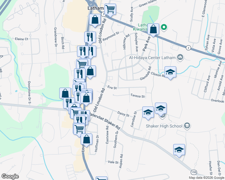 map of restaurants, bars, coffee shops, grocery stores, and more near 2 Eva Street in Latham