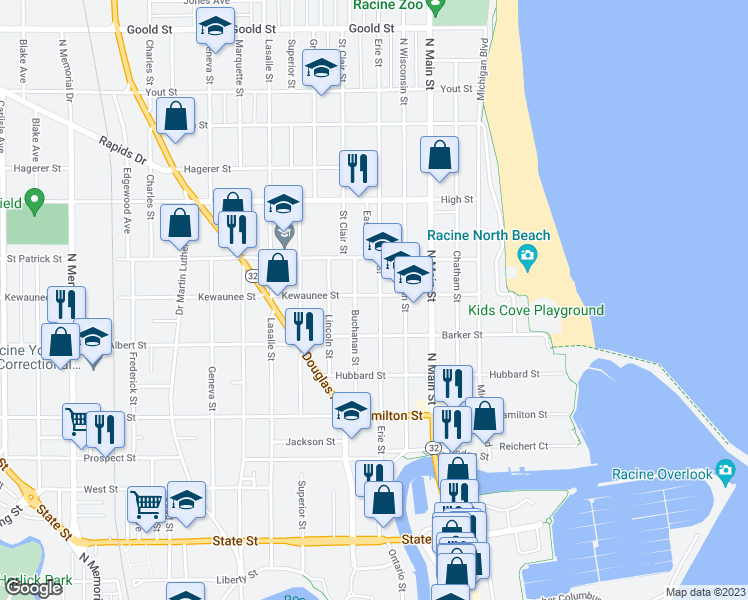 map of restaurants, bars, coffee shops, grocery stores, and more near 1440 Erie Street in Racine