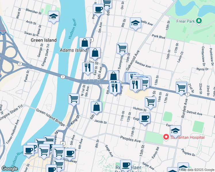 map of restaurants, bars, coffee shops, grocery stores, and more near 328 8th Street in Troy