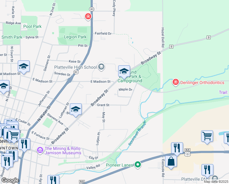 map of restaurants, bars, coffee shops, grocery stores, and more near 125 Maple Drive in Platteville