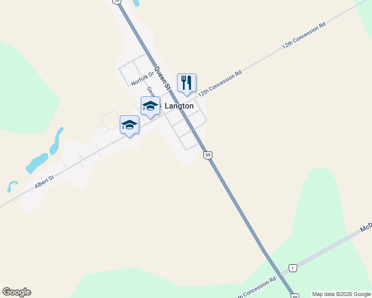 map of restaurants, bars, coffee shops, grocery stores, and more near 4 George Street in Langton