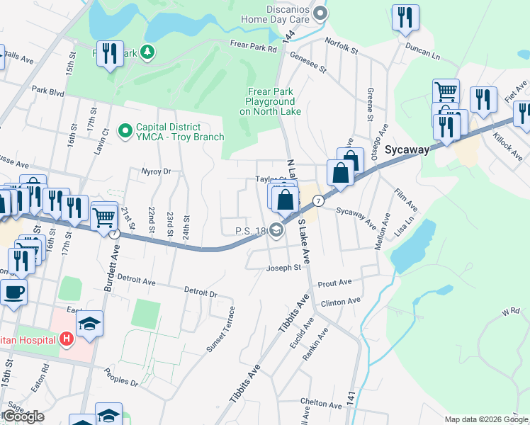 map of restaurants, bars, coffee shops, grocery stores, and more near 8 Woodrow Court in Troy