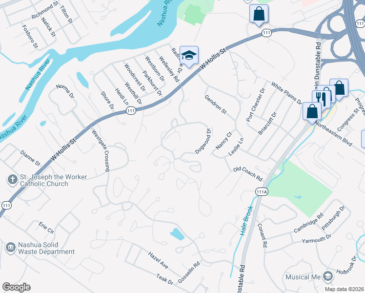 map of restaurants, bars, coffee shops, grocery stores, and more near 20 Ledgewood Hills Drive in Nashua