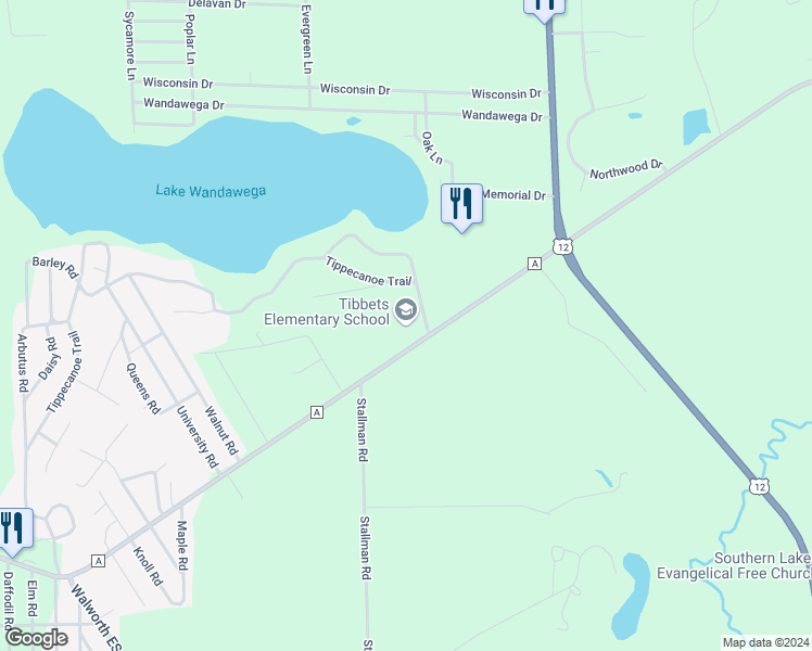 map of restaurants, bars, coffee shops, grocery stores, and more near w5218 County Road A in Elkhorn