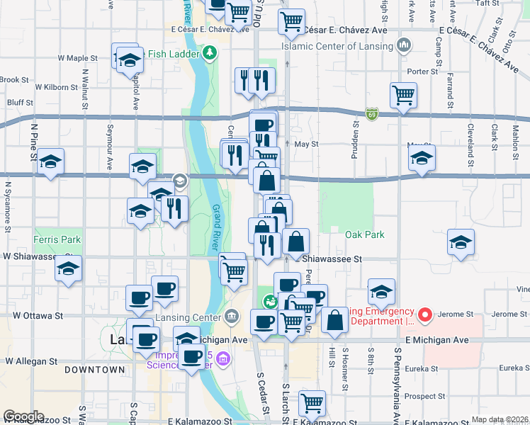 map of restaurants, bars, coffee shops, grocery stores, and more near 510 North Cedar Street in Lansing