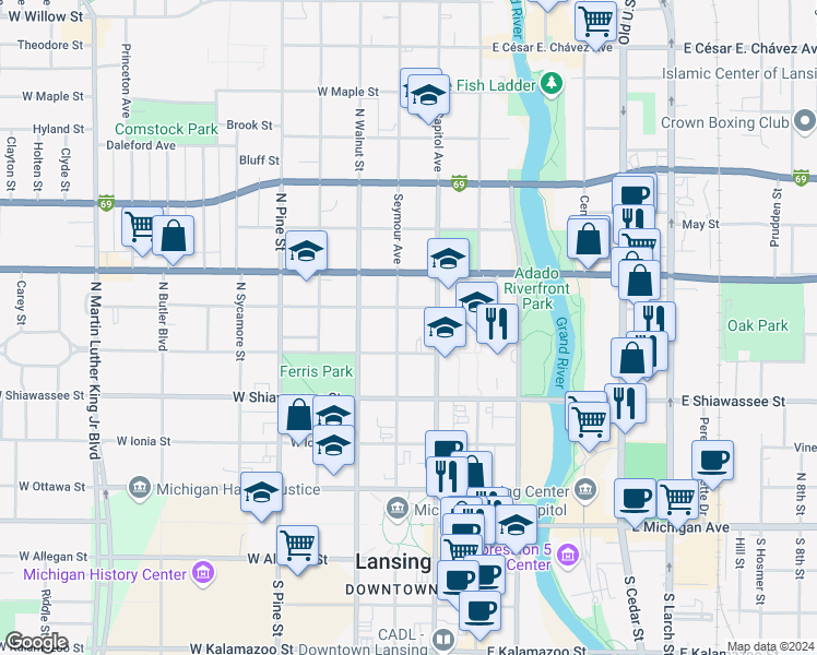 map of restaurants, bars, coffee shops, grocery stores, and more near 518 Seymour Avenue in Lansing