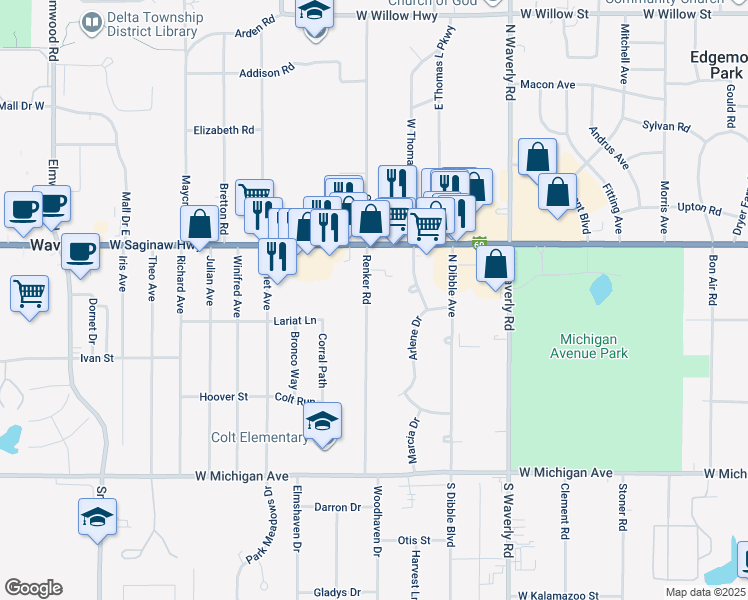 map of restaurants, bars, coffee shops, grocery stores, and more near 520 Renker Road in Lansing