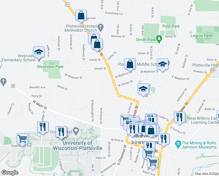 map of restaurants, bars, coffee shops, grocery stores, and more near 580 West Adams Street in Platteville