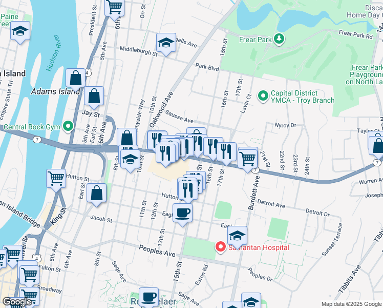 map of restaurants, bars, coffee shops, grocery stores, and more near 175 Hoosick Street in Troy