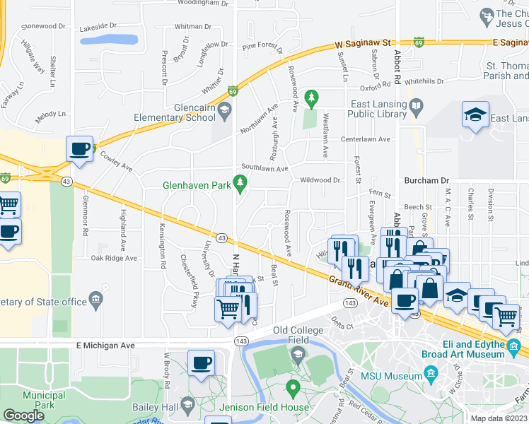 map of restaurants, bars, coffee shops, grocery stores, and more near 545 Woodland Drive in East Lansing