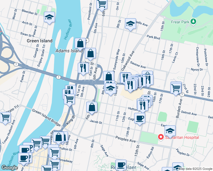 map of restaurants, bars, coffee shops, grocery stores, and more near 328 8th Street in Troy