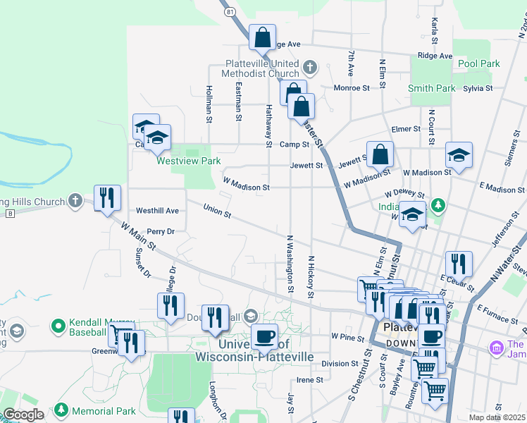 map of restaurants, bars, coffee shops, grocery stores, and more near 800 Union Street in Platteville