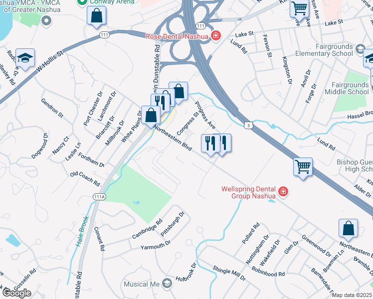 map of restaurants, bars, coffee shops, grocery stores, and more near 118 Northeastern Boulevard in Nashua
