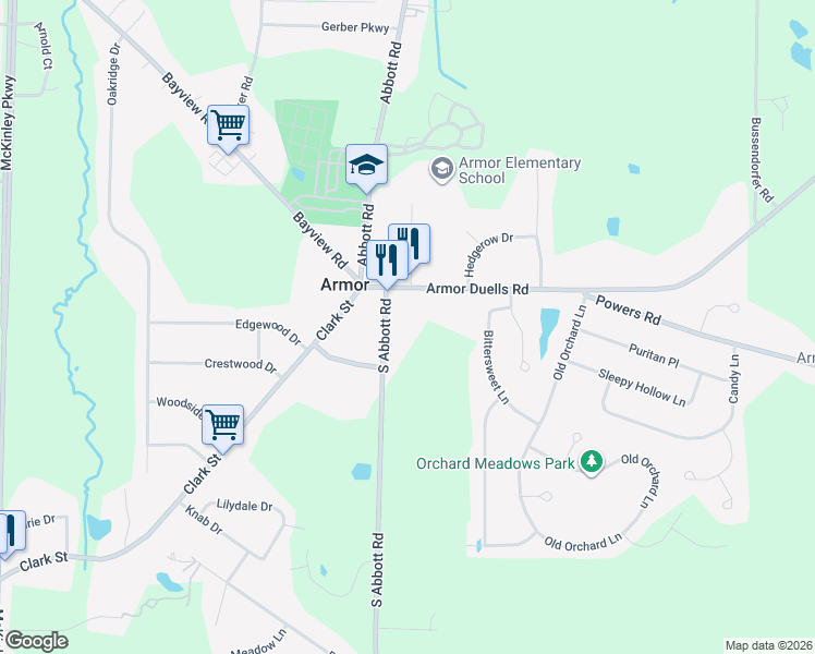 map of restaurants, bars, coffee shops, grocery stores, and more near 5441 S Abbott Rd in Orchard Park