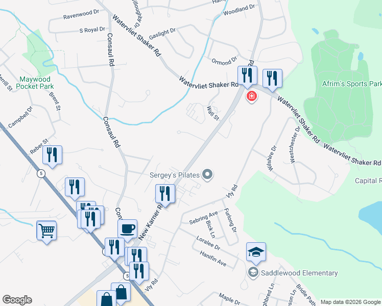 map of restaurants, bars, coffee shops, grocery stores, and more near 436 New Karner Road in Albany