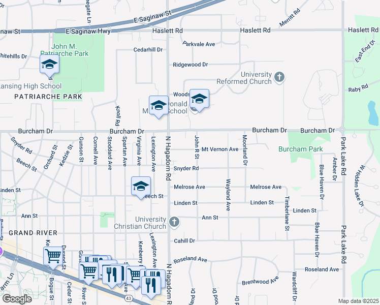 map of restaurants, bars, coffee shops, grocery stores, and more near 1552 Mount Vernon Avenue in East Lansing