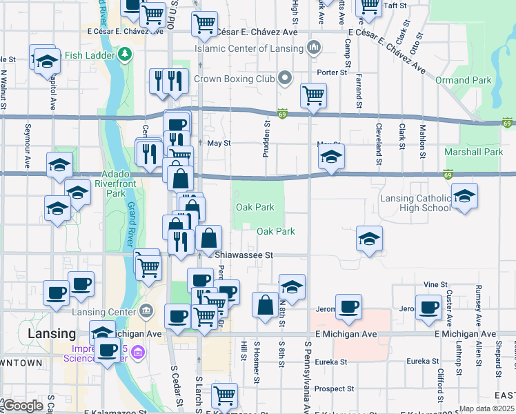 map of restaurants, bars, coffee shops, grocery stores, and more near 601 Lesher Place in Lansing