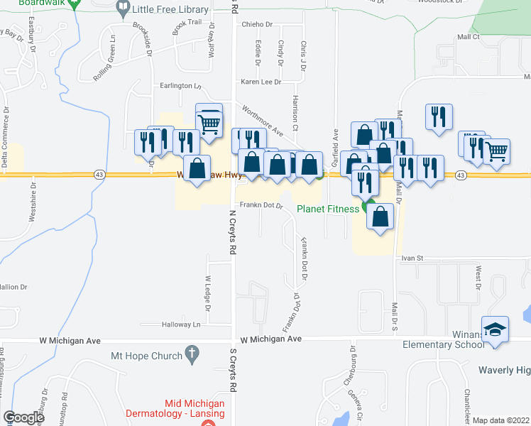 map of restaurants, bars, coffee shops, grocery stores, and more near 524 Franklynn Drive in Lansing