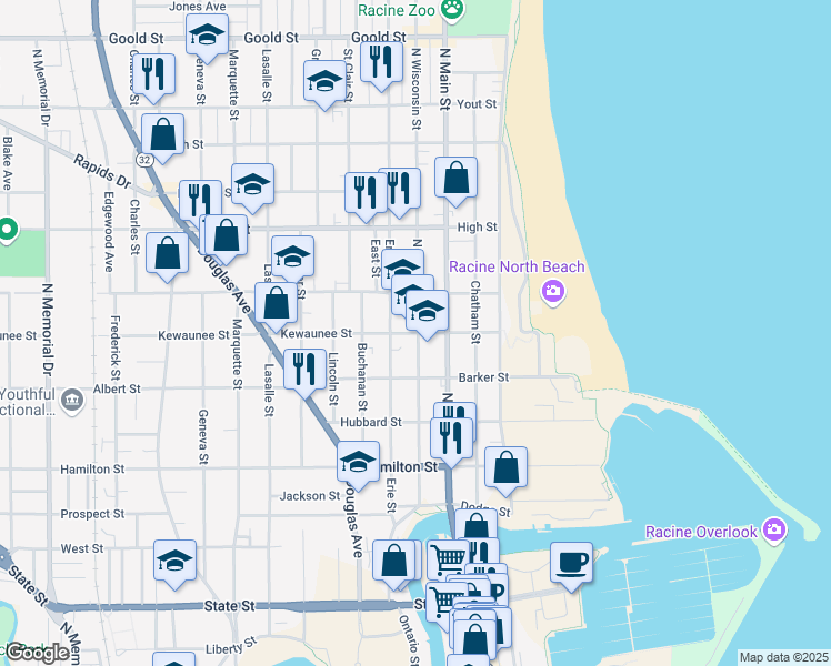 map of restaurants, bars, coffee shops, grocery stores, and more near 510 Kewaunee Street in Racine