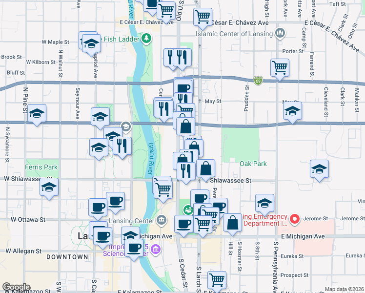 map of restaurants, bars, coffee shops, grocery stores, and more near 514 Erie Street in Lansing