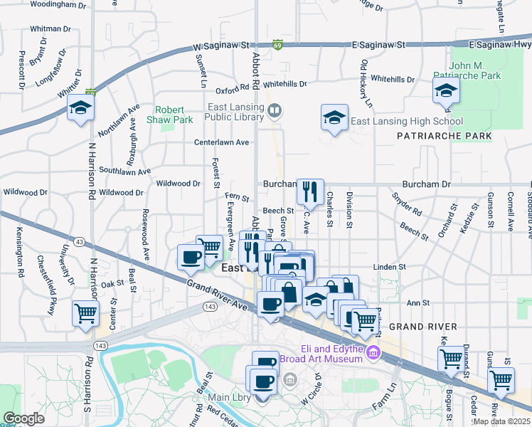 map of restaurants, bars, coffee shops, grocery stores, and more near 118 Beech Street in East Lansing