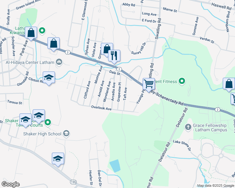 map of restaurants, bars, coffee shops, grocery stores, and more near 21 Grapevine Place in Latham