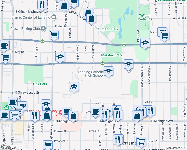 map of restaurants, bars, coffee shops, grocery stores, and more near 1422 Dingle Lane in Lansing