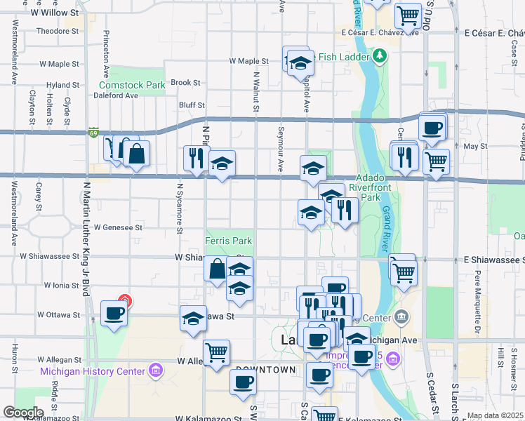 map of restaurants, bars, coffee shops, grocery stores, and more near 524 North Walnut Street in Lansing