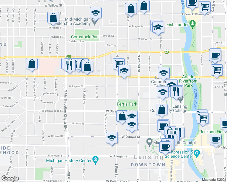 map of restaurants, bars, coffee shops, grocery stores, and more near 526 North Sycamore Street in Lansing