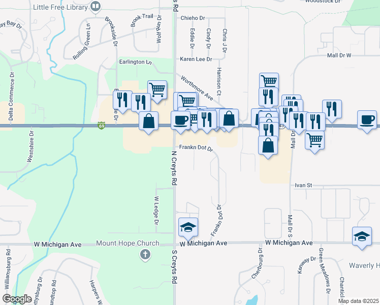map of restaurants, bars, coffee shops, grocery stores, and more near 524-598 Franklynn Drive in Lansing