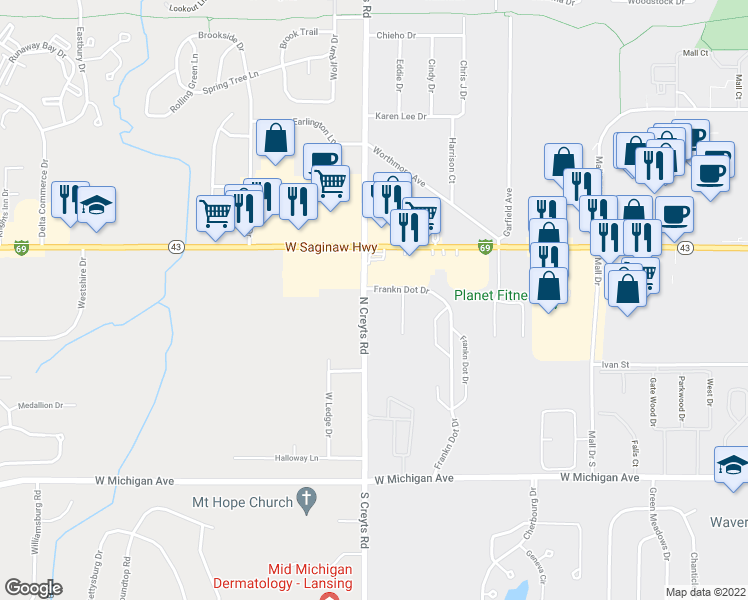 map of restaurants, bars, coffee shops, grocery stores, and more near 522 North Creyts Road in Lansing