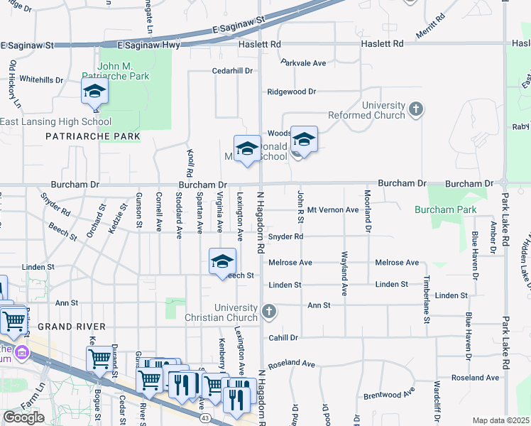 map of restaurants, bars, coffee shops, grocery stores, and more near 646 North Hagadorn Road in East Lansing