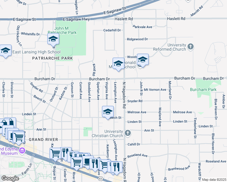 map of restaurants, bars, coffee shops, grocery stores, and more near 637 Lexington Avenue in East Lansing