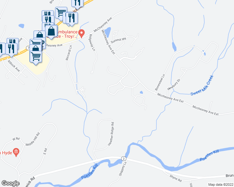 map of restaurants, bars, coffee shops, grocery stores, and more near 400 Mcchesney Avenue Ext in Brunswick