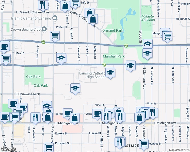 map of restaurants, bars, coffee shops, grocery stores, and more near 1422 Dingle Lane in Lansing