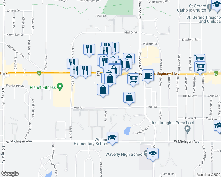 map of restaurants, bars, coffee shops, grocery stores, and more near 5451 West Saginaw Highway in Lansing