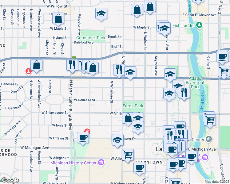 map of restaurants, bars, coffee shops, grocery stores, and more near 526 North Sycamore Street in Lansing