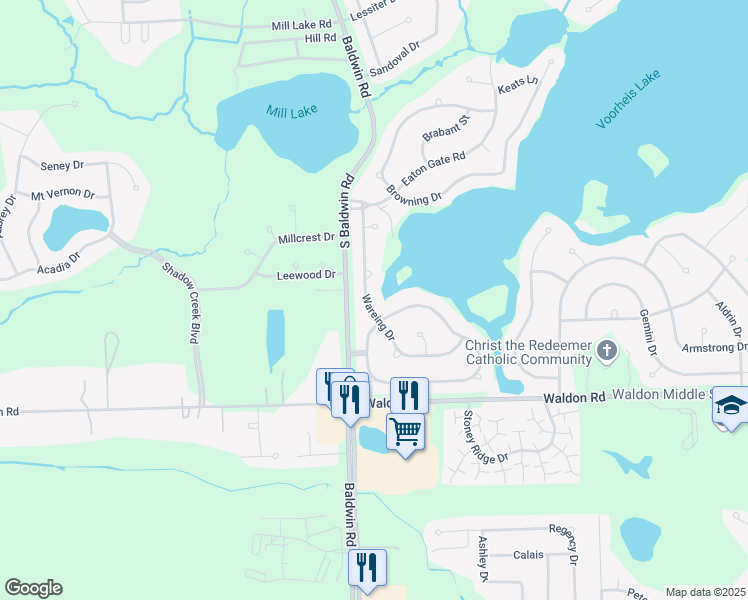 map of restaurants, bars, coffee shops, grocery stores, and more near 2733 Wareing Drive in Orion charter Township