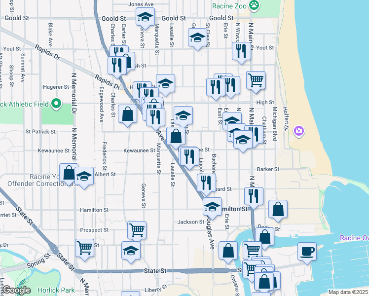 map of restaurants, bars, coffee shops, grocery stores, and more near 1502 Superior Street in Racine