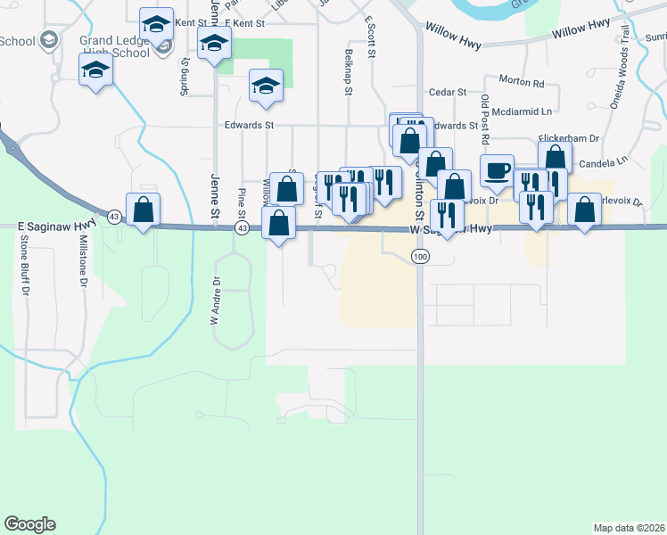 map of restaurants, bars, coffee shops, grocery stores, and more near 204 Queens Court in Grand Ledge