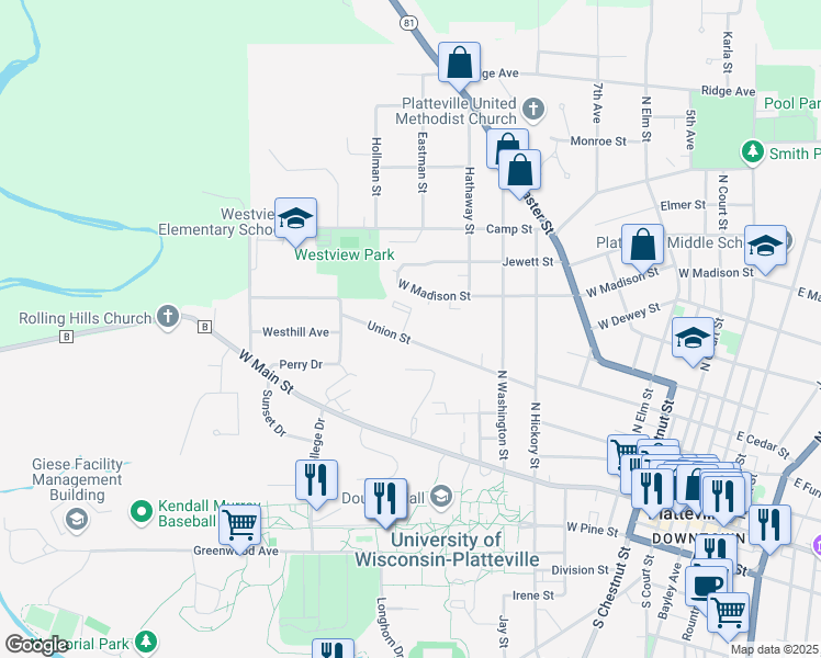 map of restaurants, bars, coffee shops, grocery stores, and more near 950 Union Street in Platteville