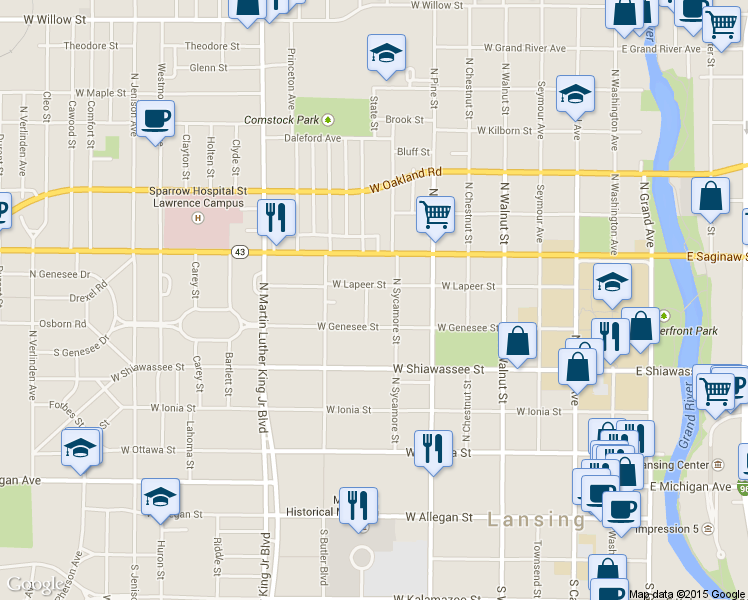 map of restaurants, bars, coffee shops, grocery stores, and more near 524 Leitram Street in Lansing