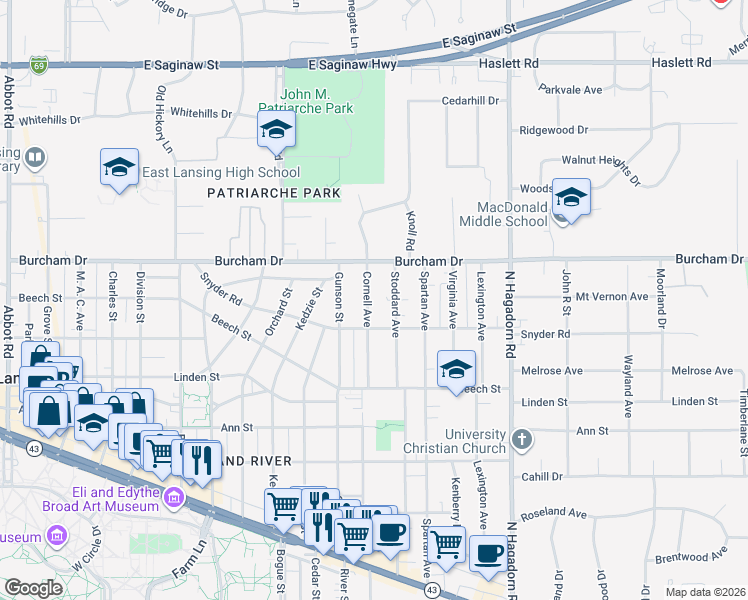 map of restaurants, bars, coffee shops, grocery stores, and more near 642 Cornell Avenue in East Lansing