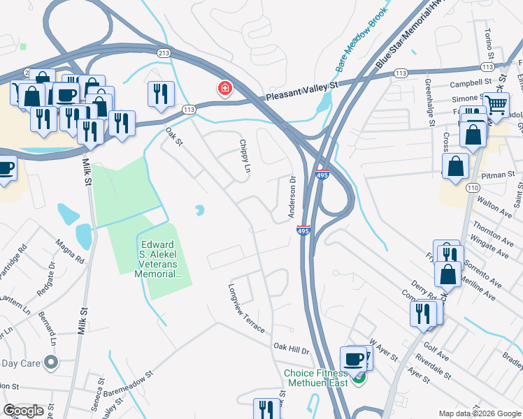 map of restaurants, bars, coffee shops, grocery stores, and more near 11 Anderson Drive in Methuen