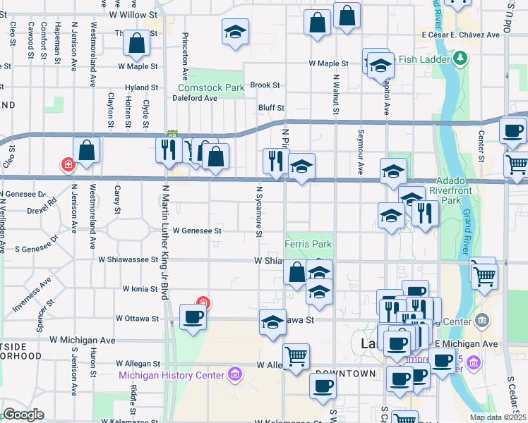 map of restaurants, bars, coffee shops, grocery stores, and more near 526 North Sycamore Street in Lansing
