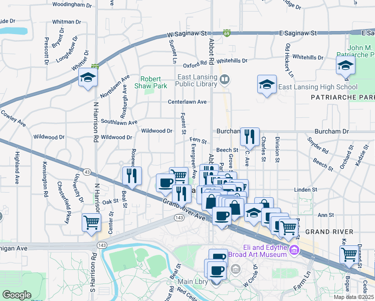 map of restaurants, bars, coffee shops, grocery stores, and more near 604 Forest Street in East Lansing